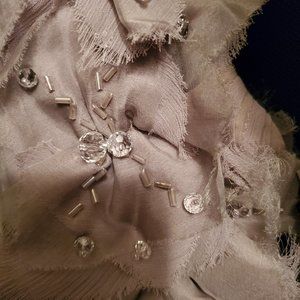 Designer evening dress (Tadashi Shoji)  in Taupe , pleated with floral appliques